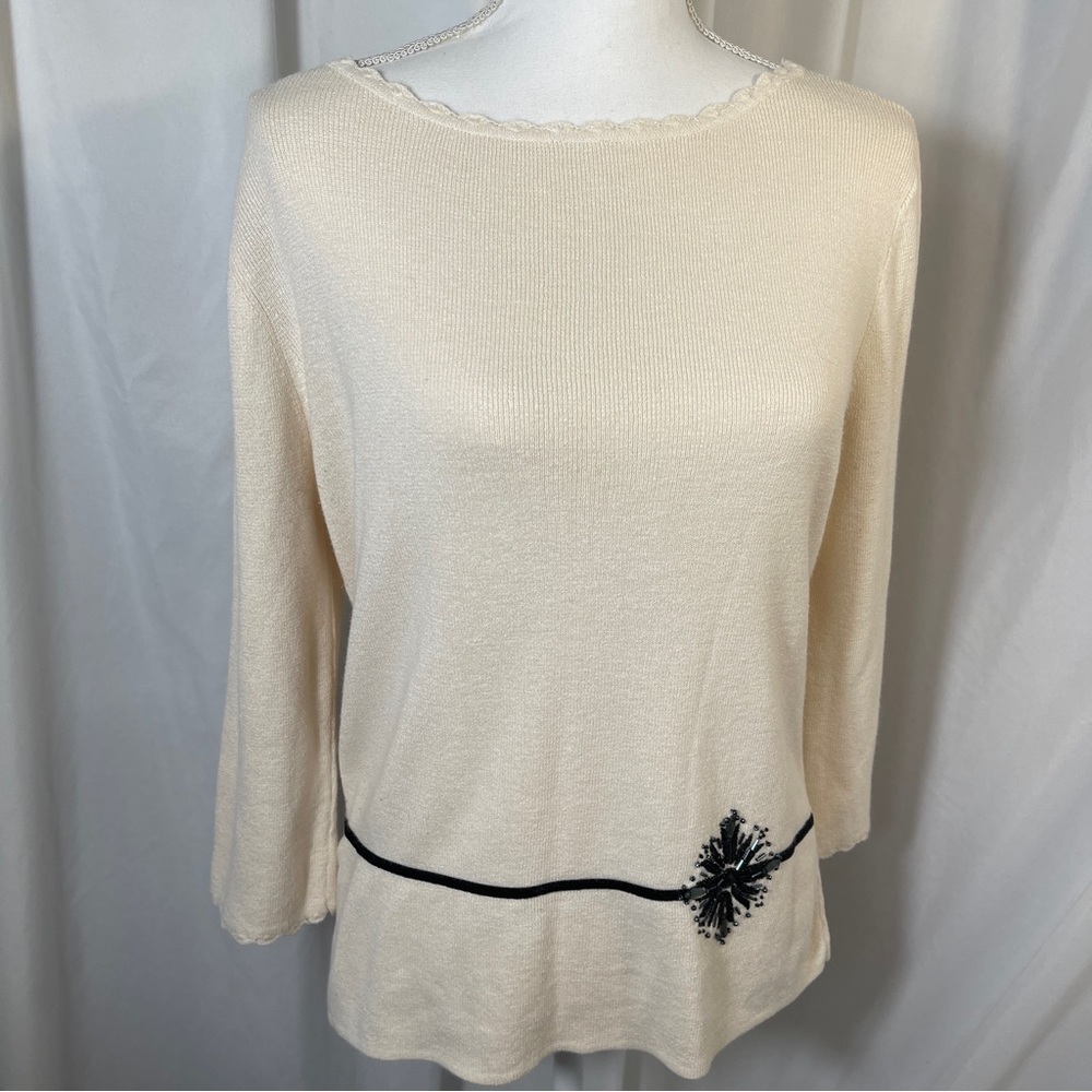 Sag Harbor Beaded Embellished Cream Knit sweater Size M
